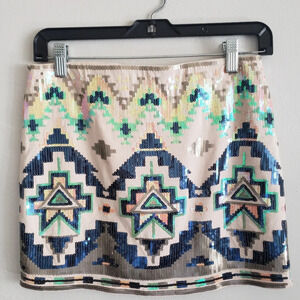Express Mini Skirt Women's XS Tan Multi Sequins Aztec Boho Print Lined